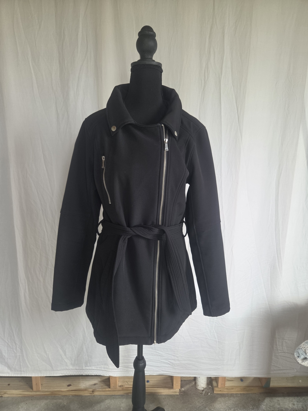 Covington Black Belted Asymmetrical Zip Trench Coat